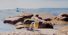 strandlandschaft-mit-sonnenbrille-und-erfrischendem-getrank